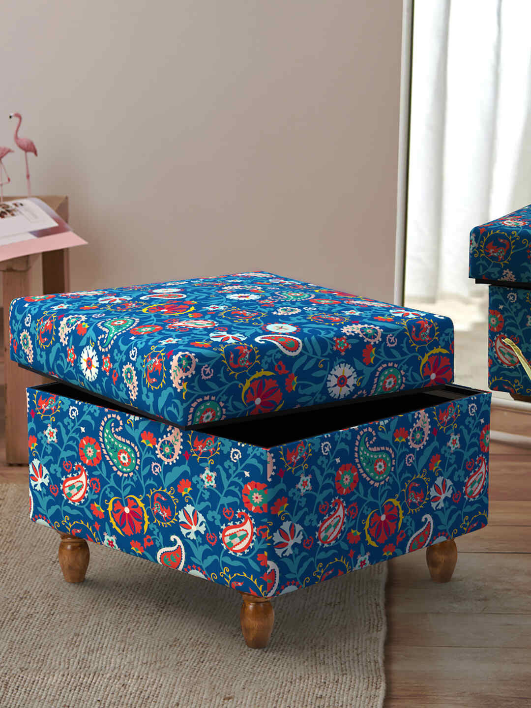 Chumbak Blue & Red Printed Trunk Storage Leg Ottoman