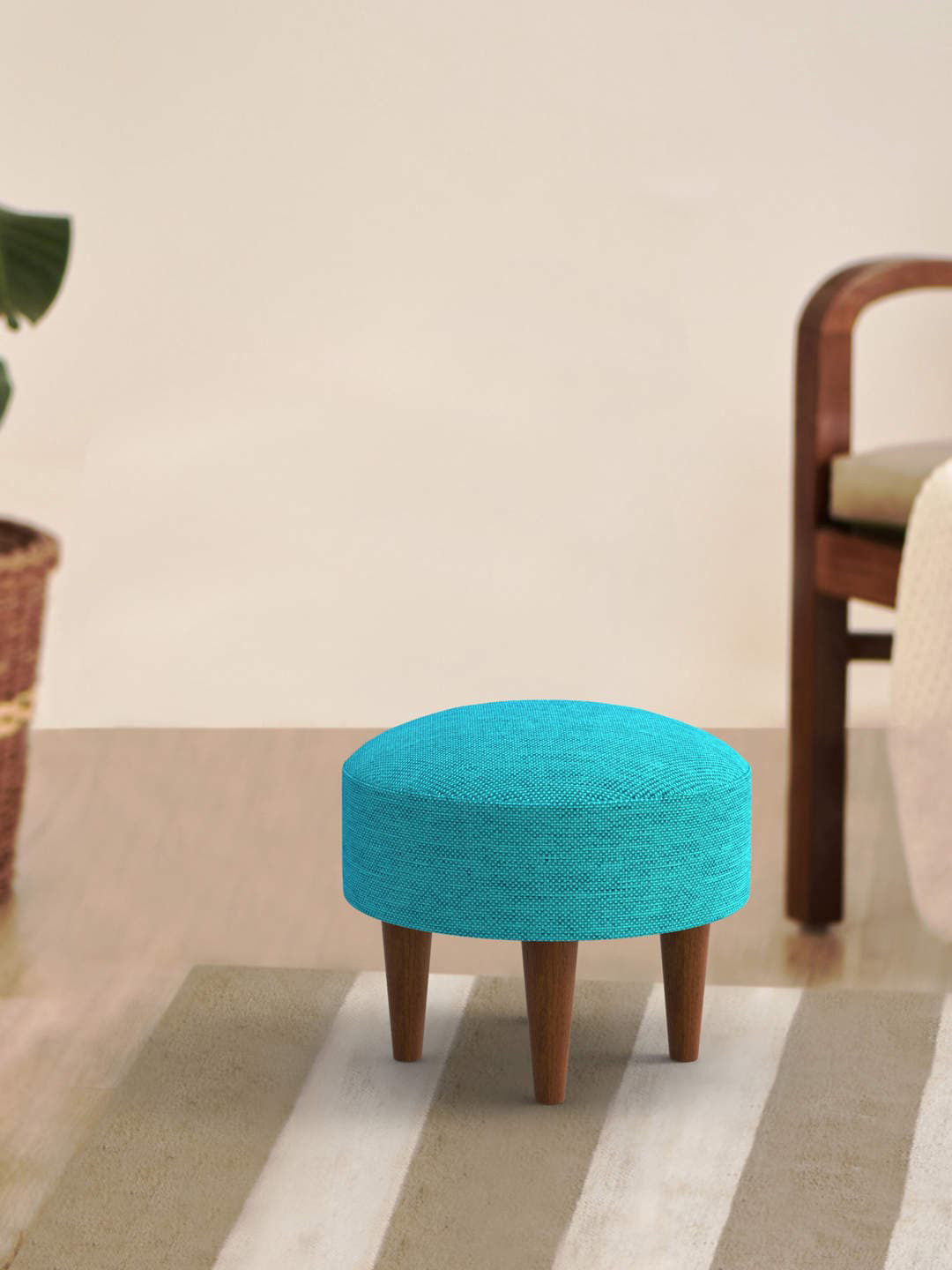 Chumbak Teal-Blue Round Shaped Leg Ottomans