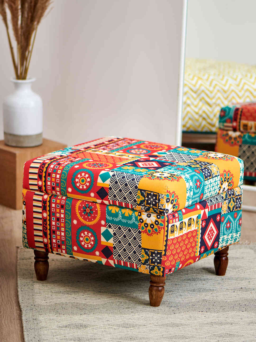Chumbak Red & Yellow Printed Rectangle Ottoman