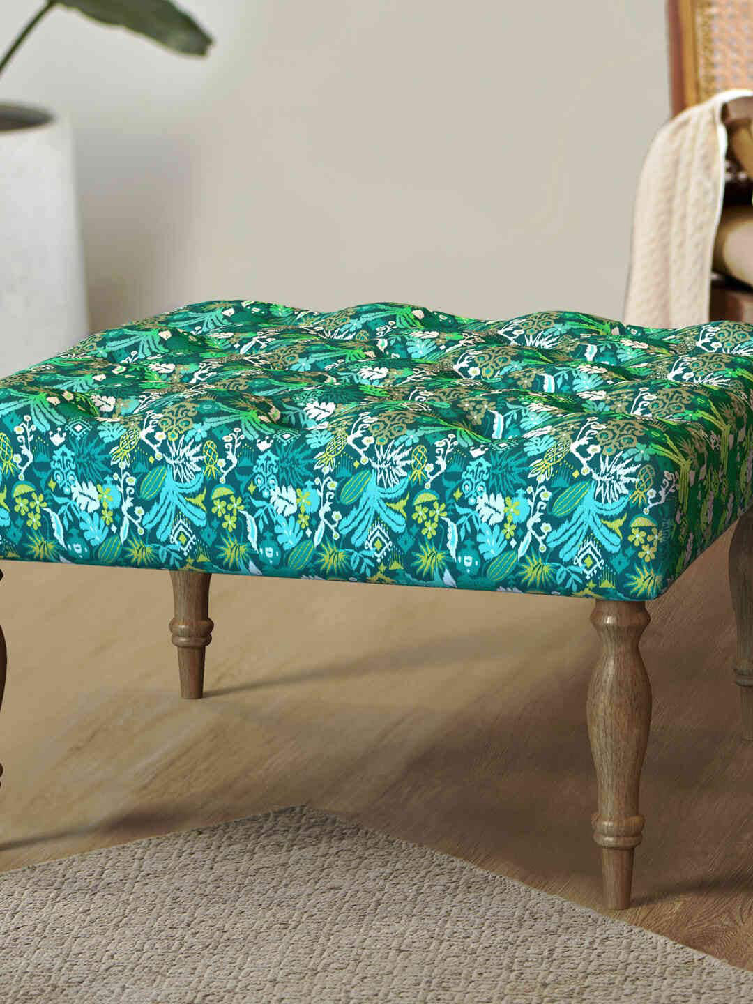 Chumbak Green & Blue Printed Square Shaped Leg Ottoman