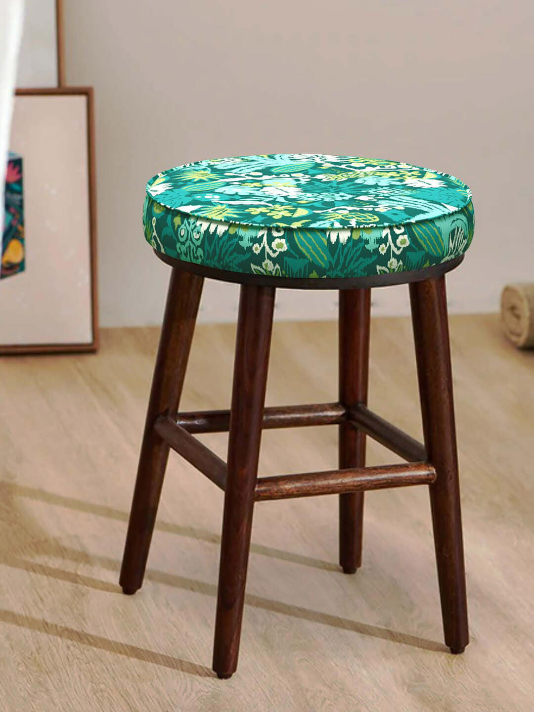 Chumbak Green & White Printed Round Ottomans