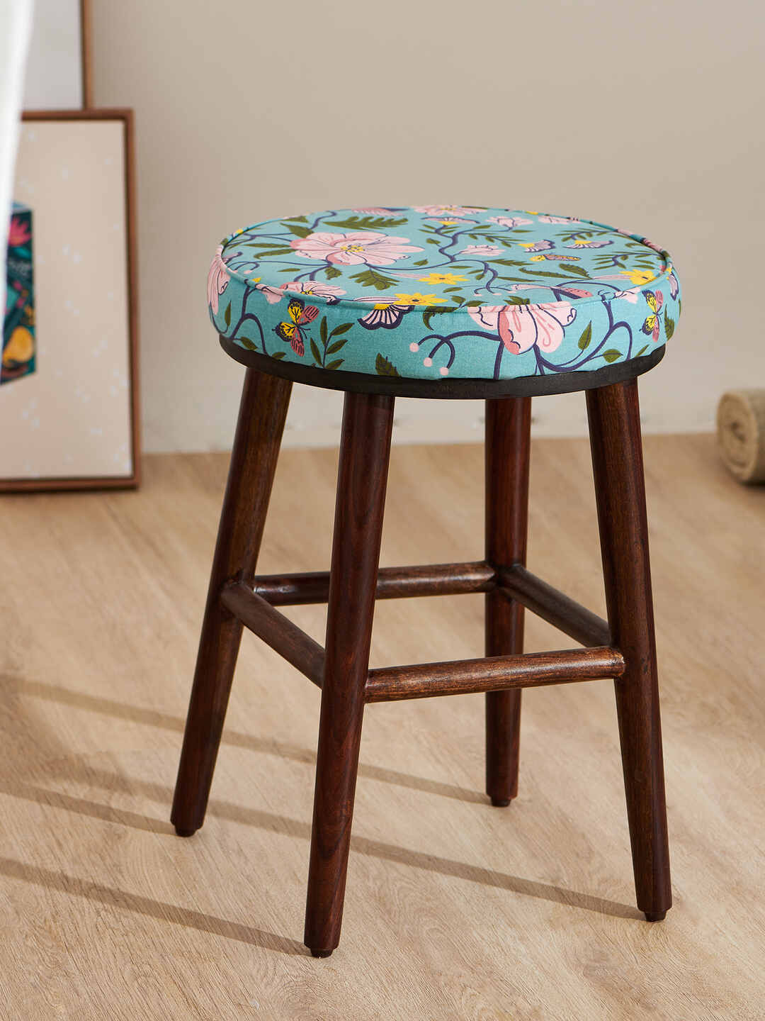 Chumbak Teal-Green & Pink Floral-Printed Round Ottomans