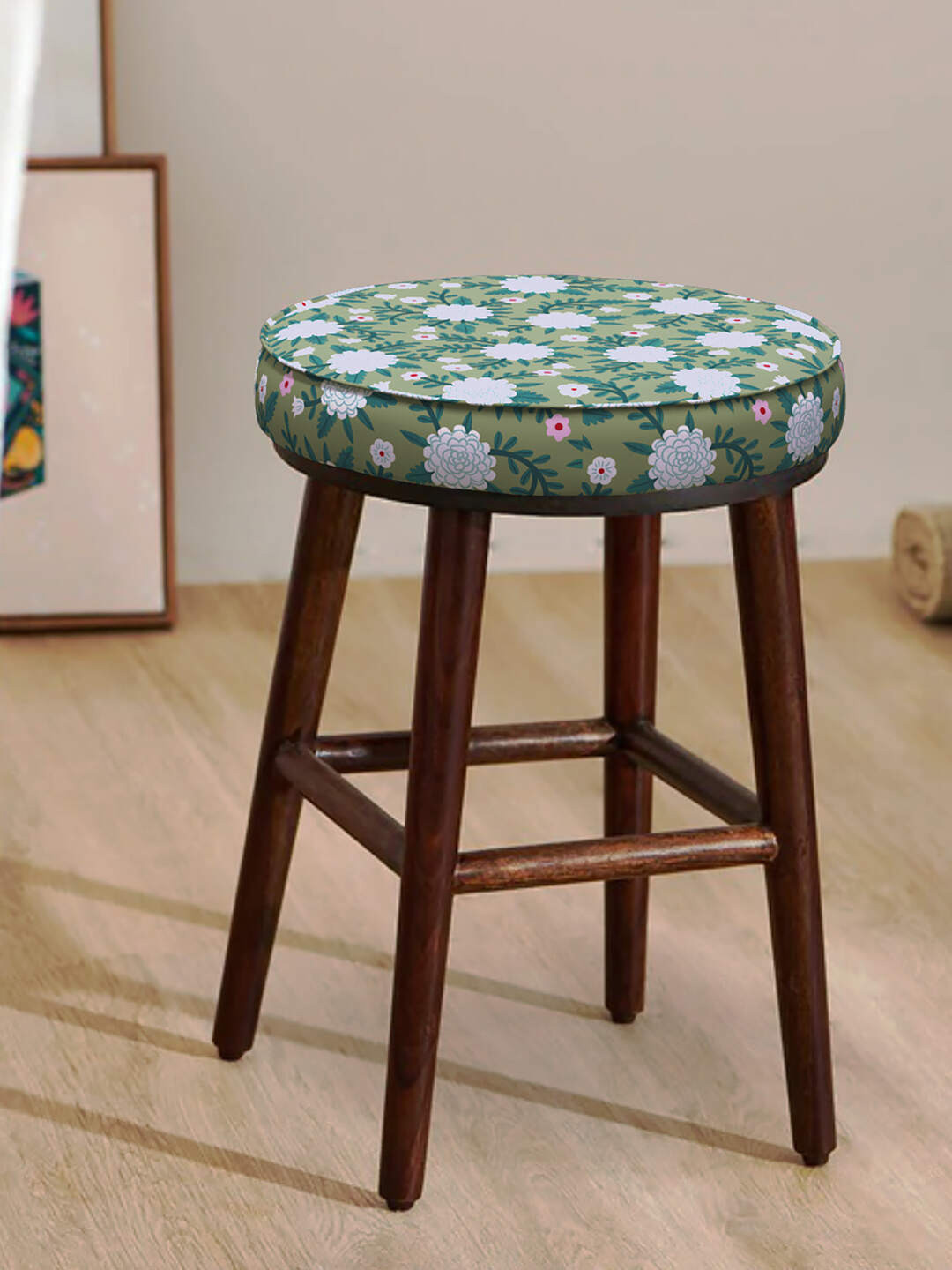 Chumbak Green & Floral-Printed Round Ottomans