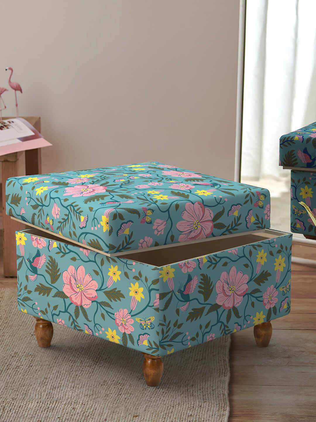 Chumbak Blue & Pink Floral-Printed Rectangle Ottomans