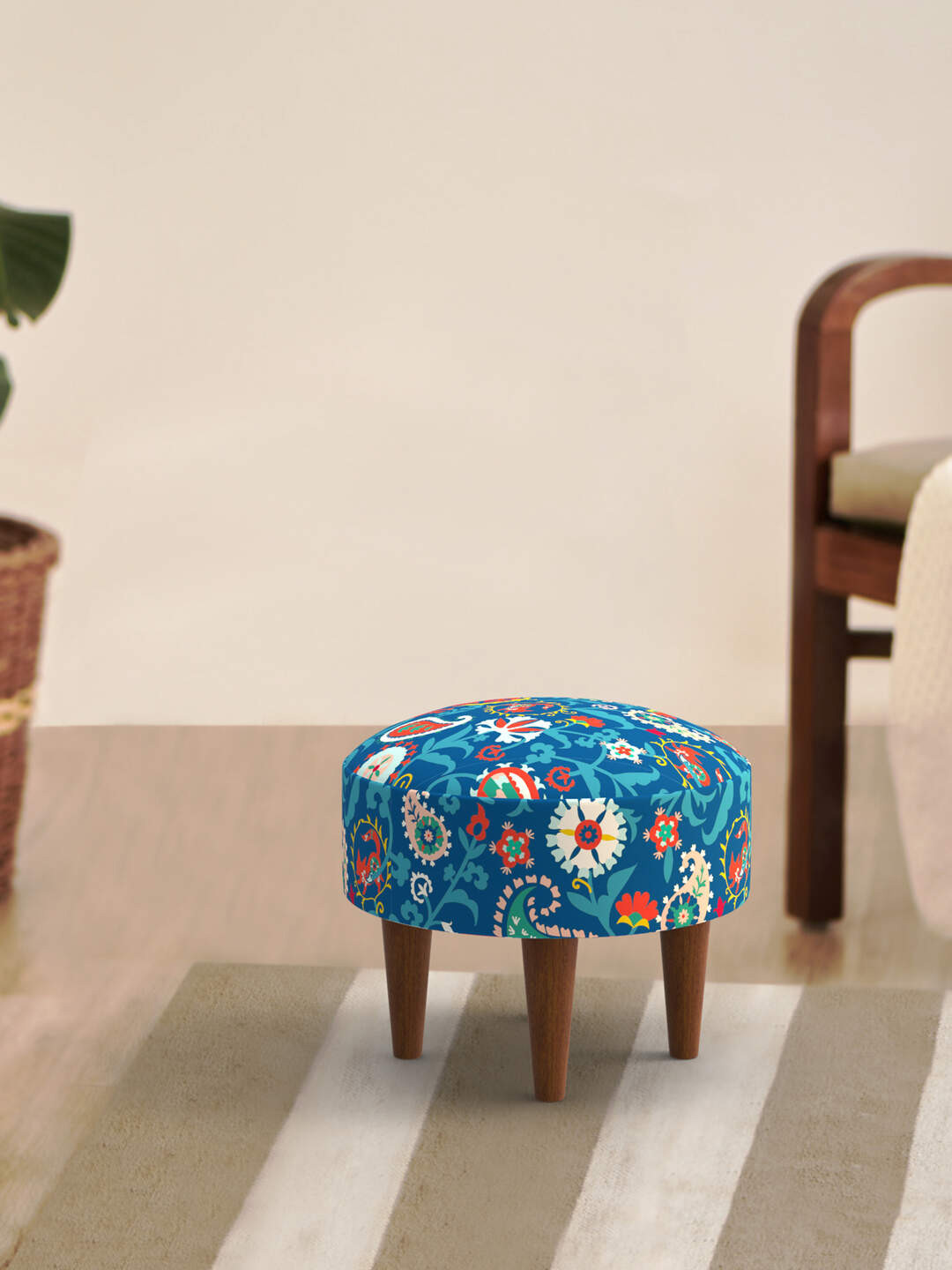 Chumbak Blue & Pink Printed Round Ottomans