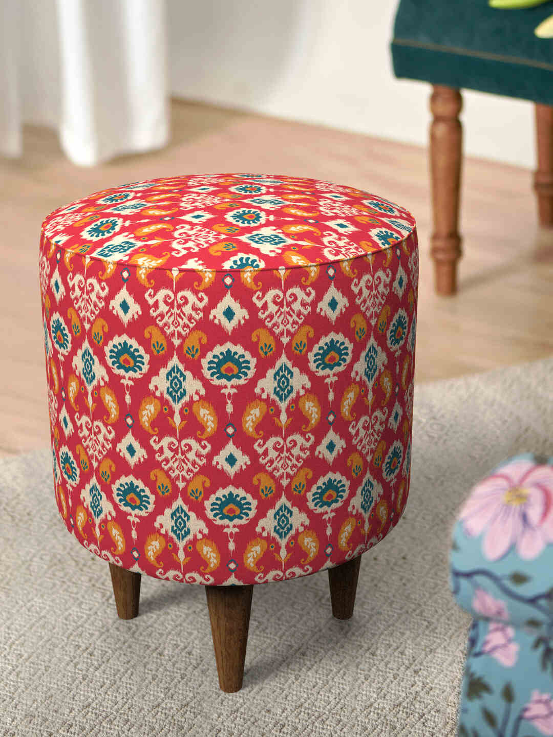 Chumbak Red & Blue Printed Round Ottomans