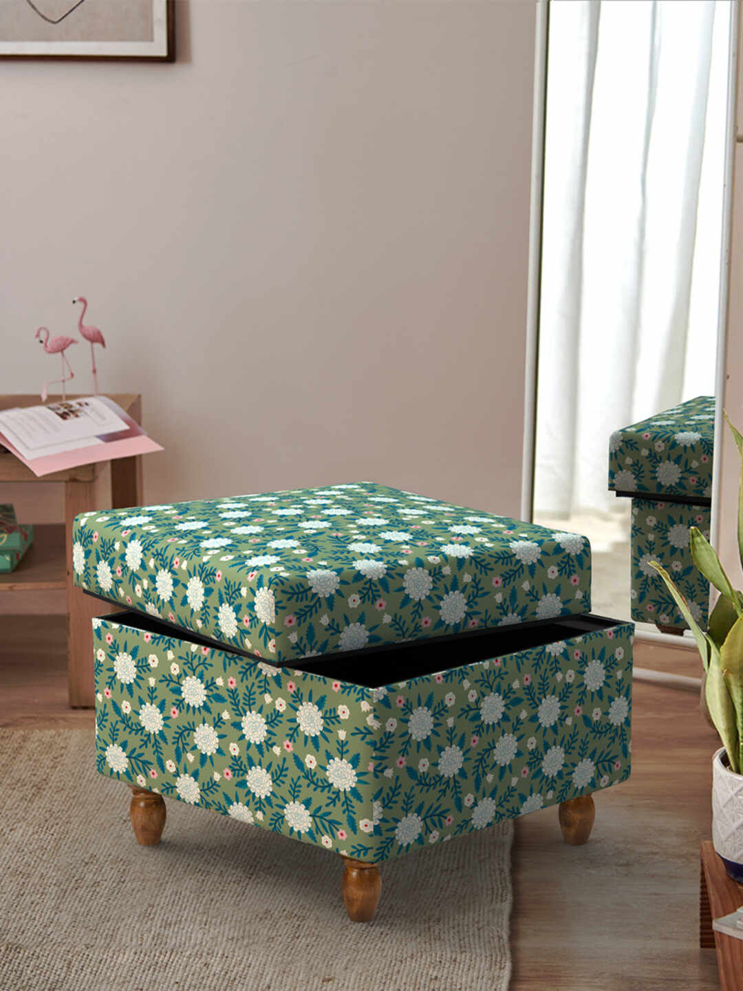 Chumbak Green & White Printed Rectangle Storage Ottoman