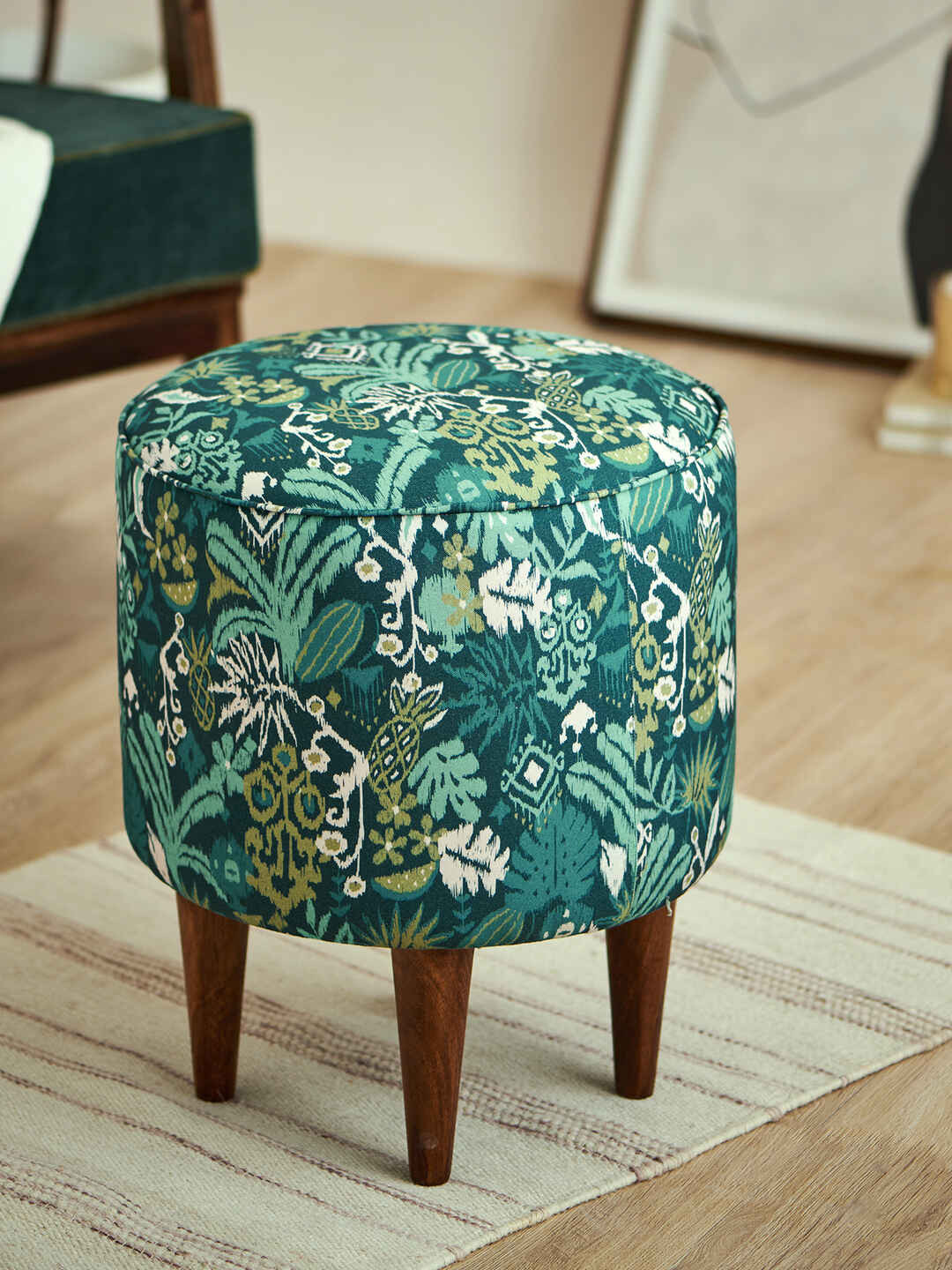 Chumbak Green & White Printed Round Ottomans
