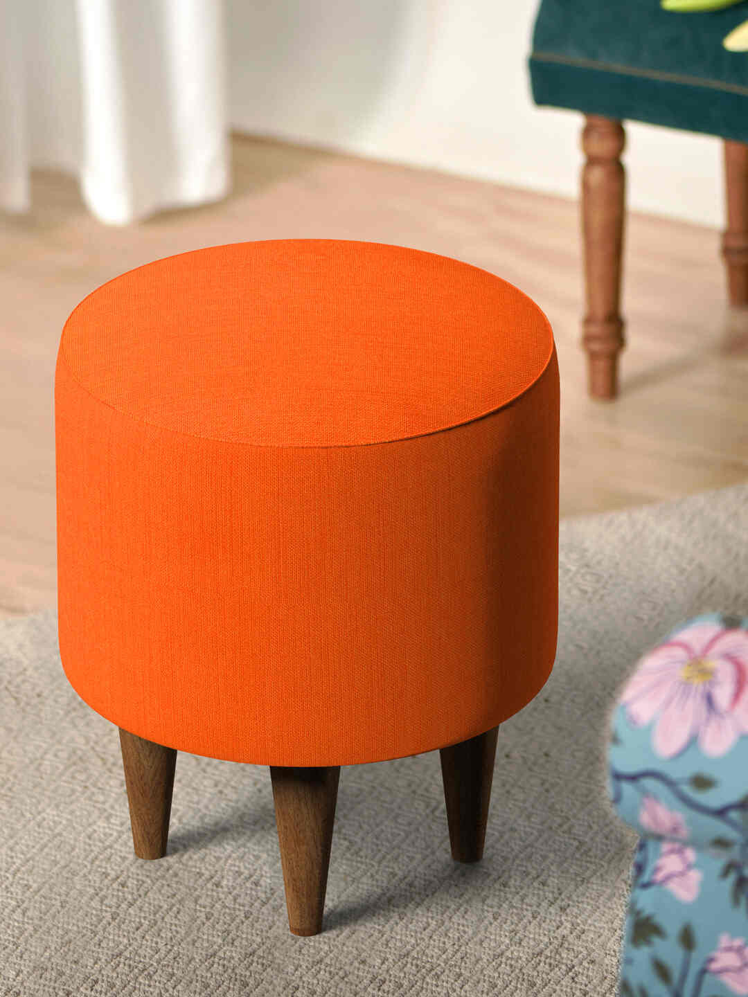 Chumbak Coral Red-Colored Round Ottoman
