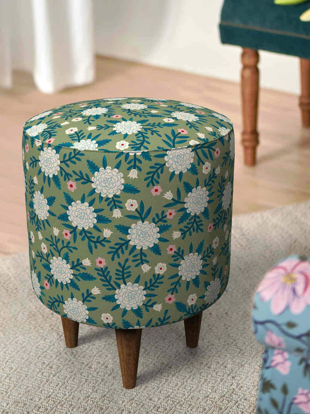 Chumbak Green & White Floral-Printed Round Ottoman