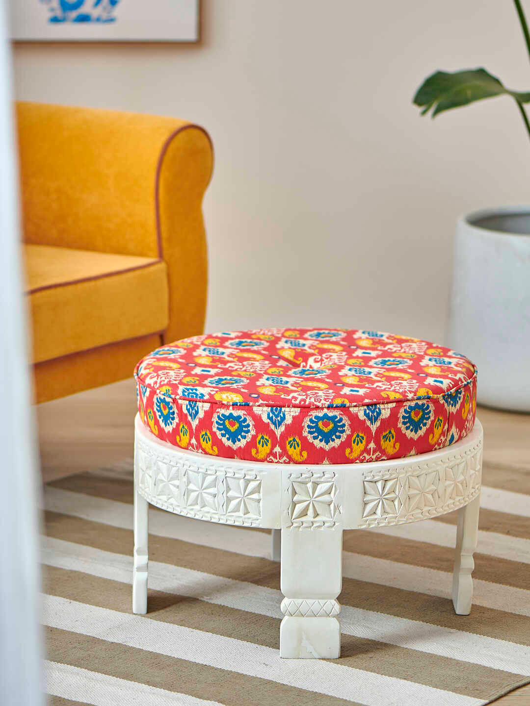 Chumbak Red & Blue Ikkat Printed Round Ottomans