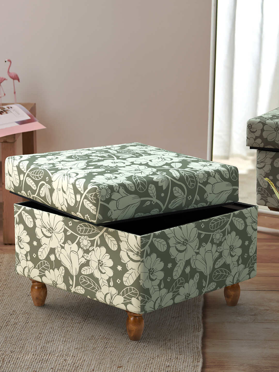 Chumbak Grey & White Printed Rectangular Storage Ottoman