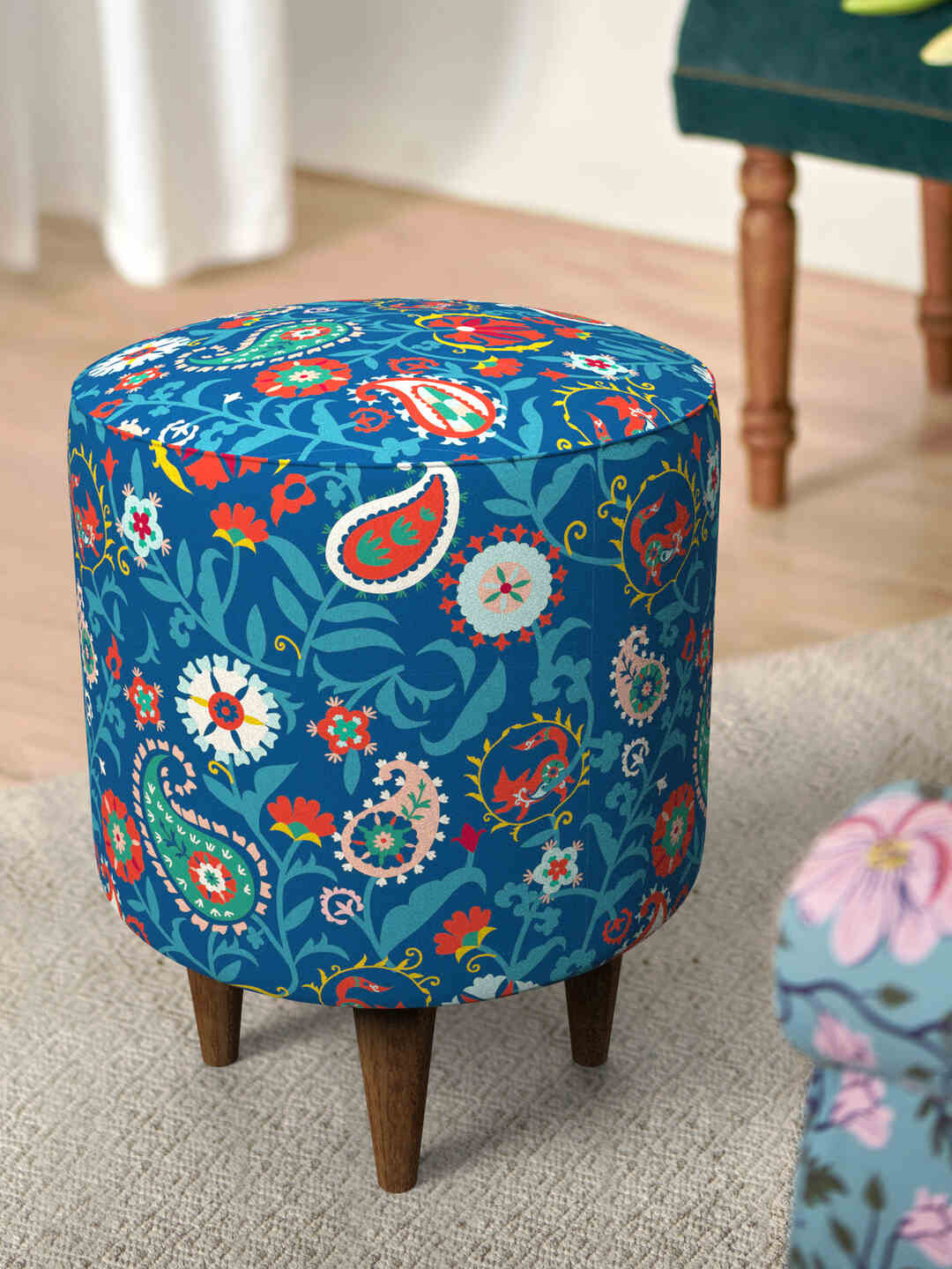 Chumbak Blue & Pink Printed Round Ottoman