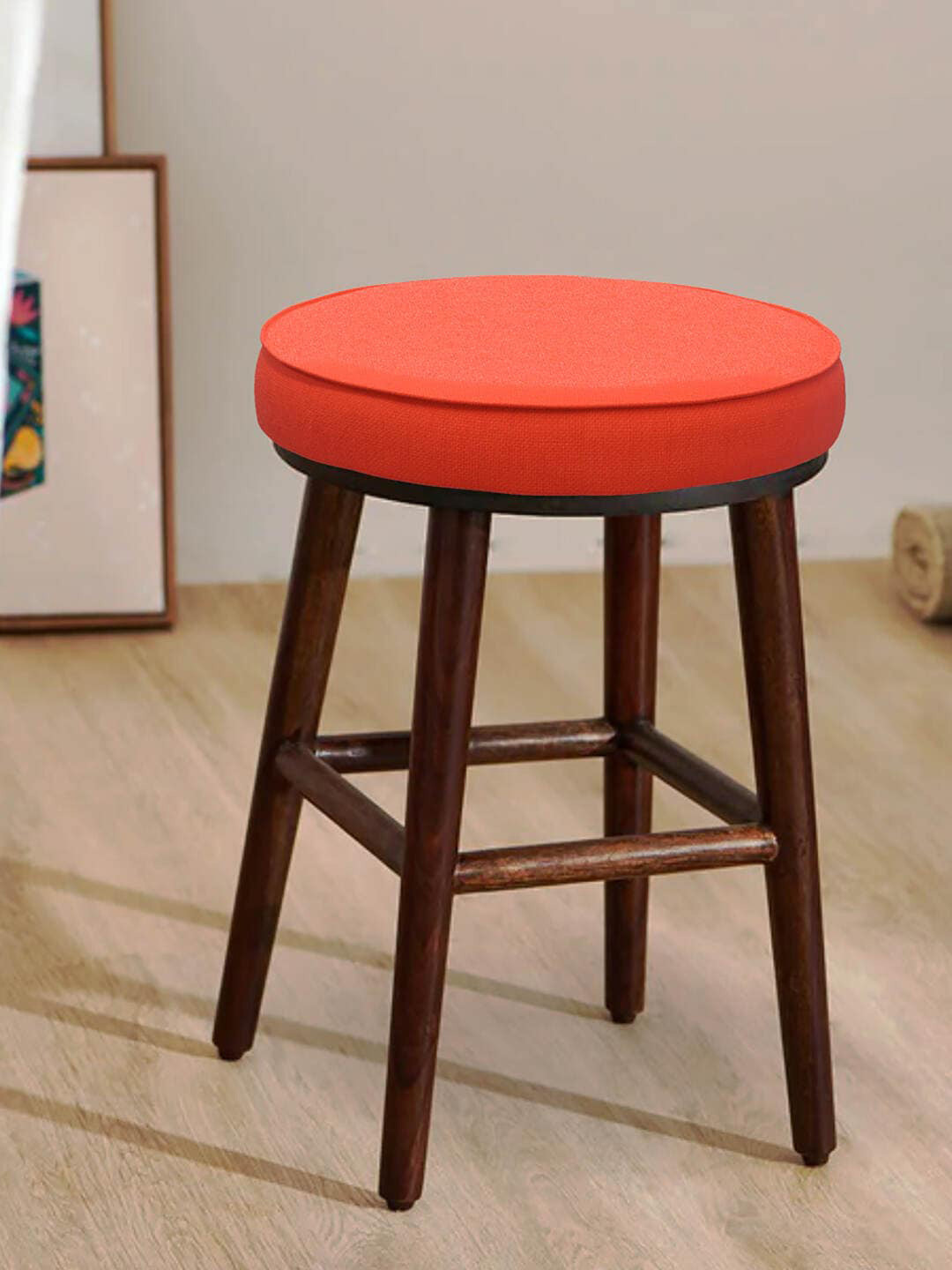 Chumbak Coral Red-Colored Round Ottoman