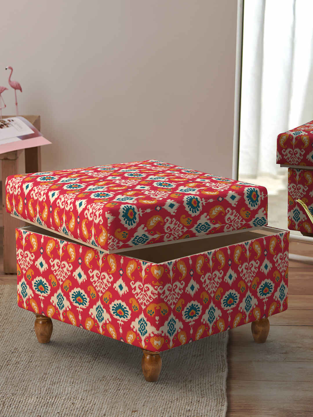 Chumbak Red & Blue Ikkat Printed Rectangular Ottoman