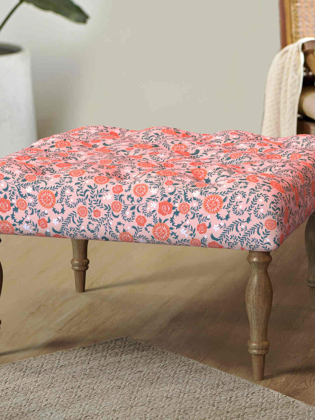 Chumbak Peach-Colored & Blue Floral-Printed Square Ottoman