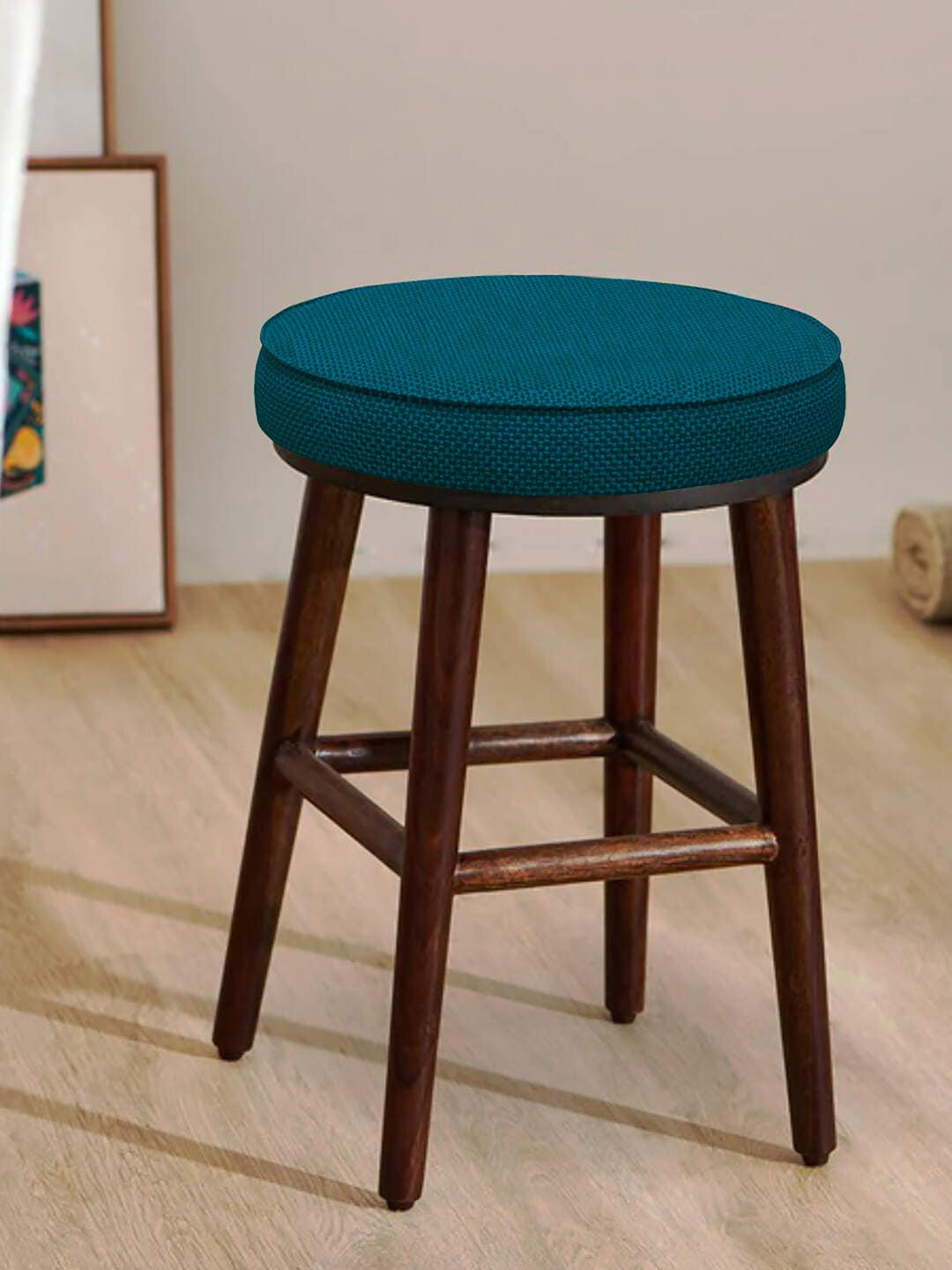 Chumbak English Cafe Blue Solid Round Ottoman
