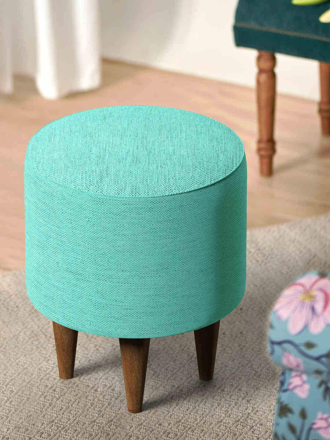 Chumbak French Pouffe Teal Green Solid Round Ottoman