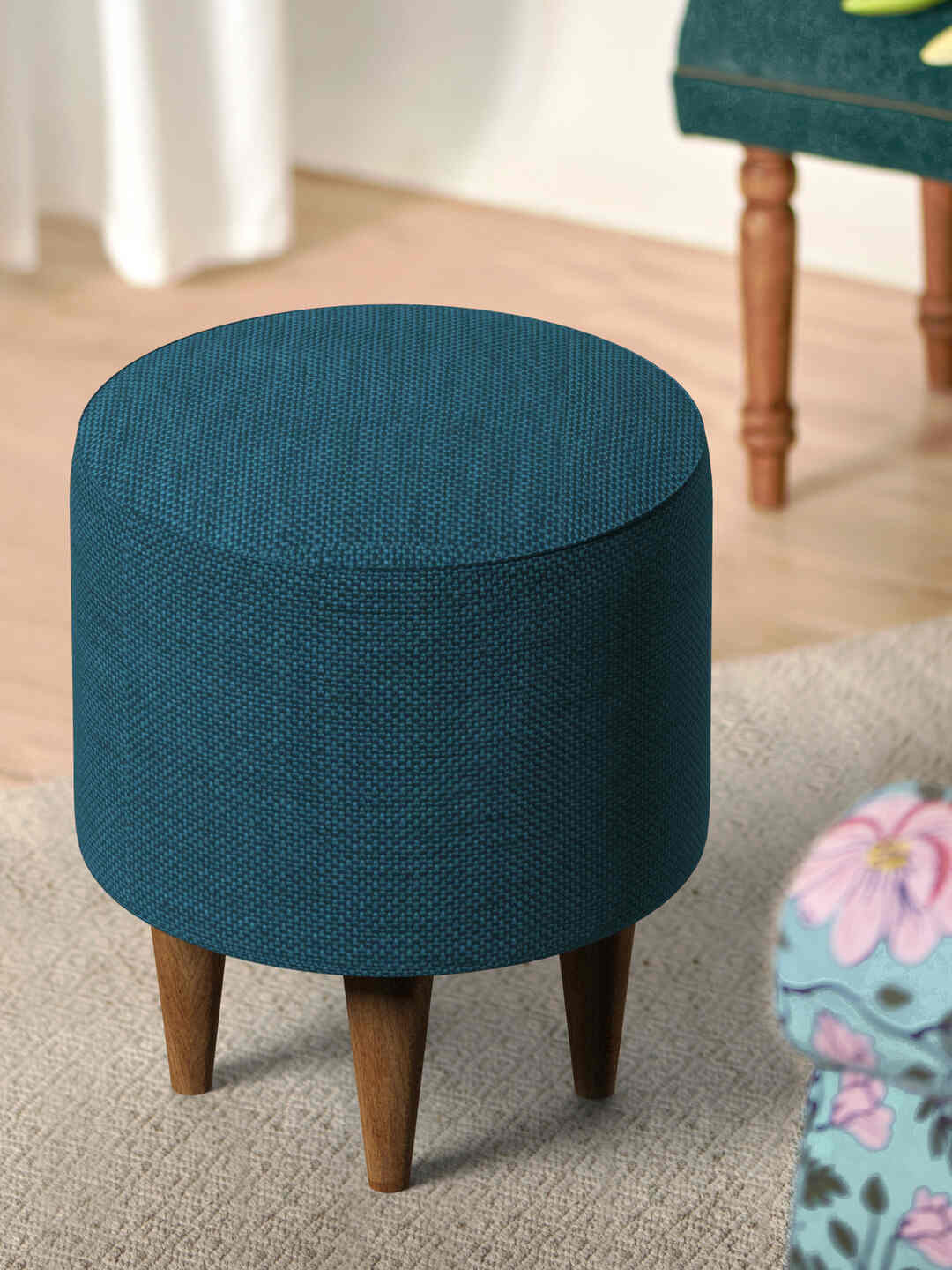 Chumbak French Pouffe Blue Round Ottoman