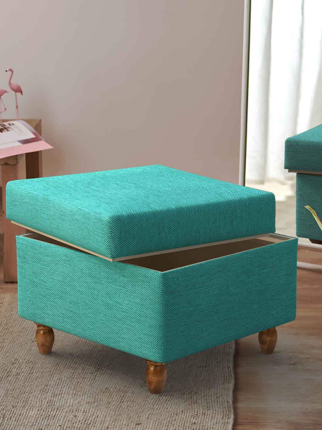 Chumbak Modern Trunk Teal Blue Printed Rectangle Ottoman