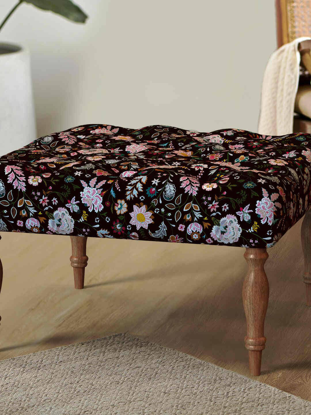 Chumbak Bohemian Palampore Black & White Printed Square Ottoman