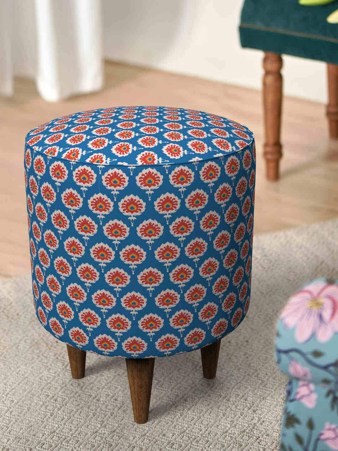 Chumbak French Pouffe Blue & Red Printed Round Ottoman
