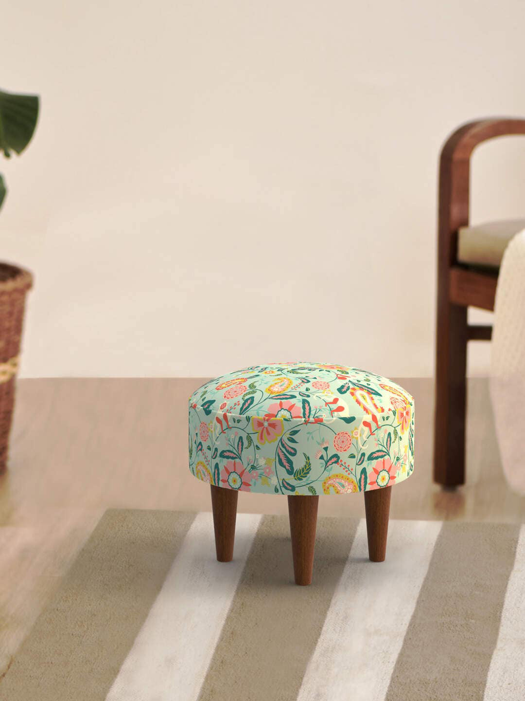 Chumbak Monkies and Bloom Blue & Pink Printed Round Ottoman