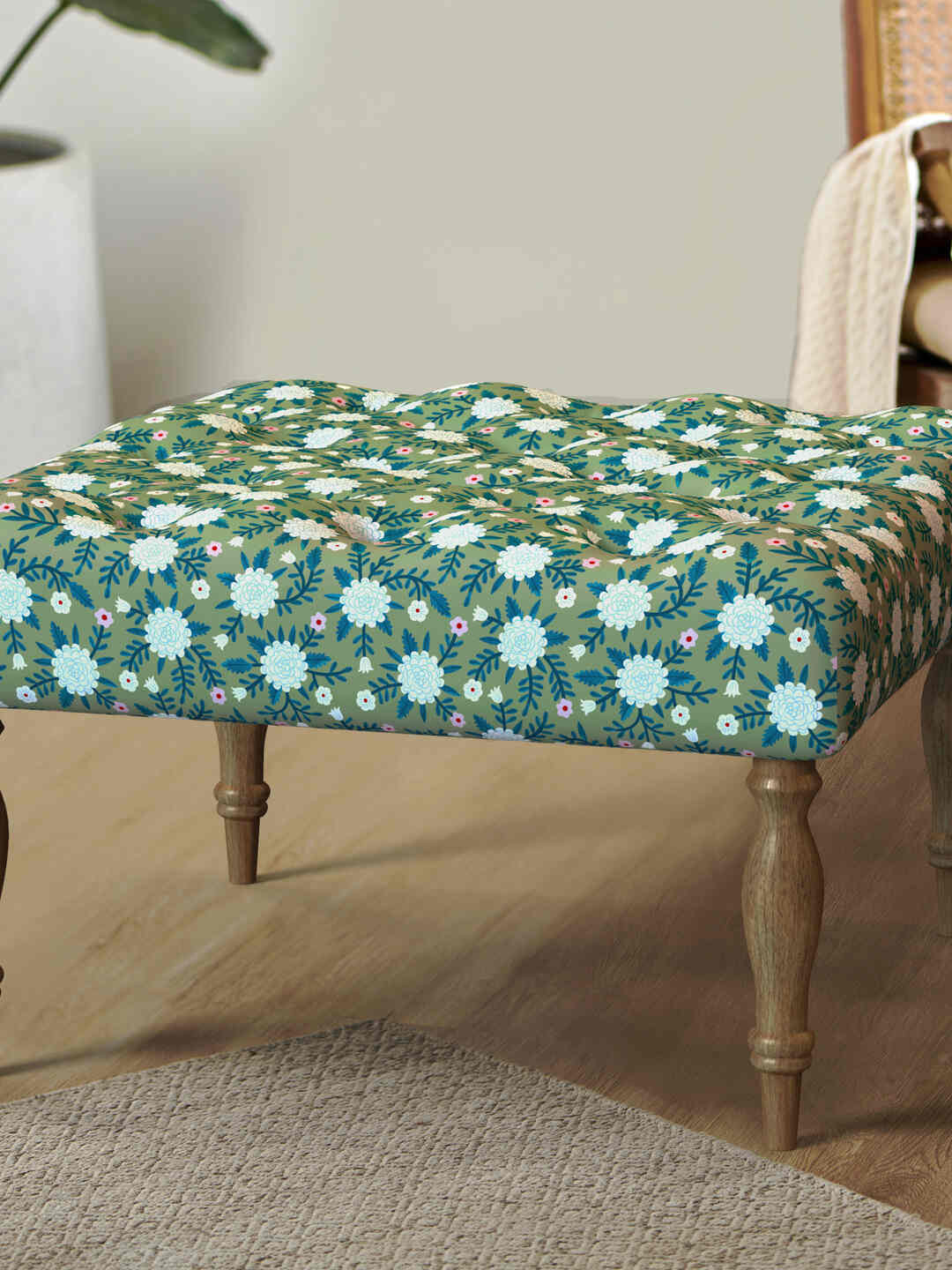 Chumbak Spring Marigold Green & White Printed Square Ottoman