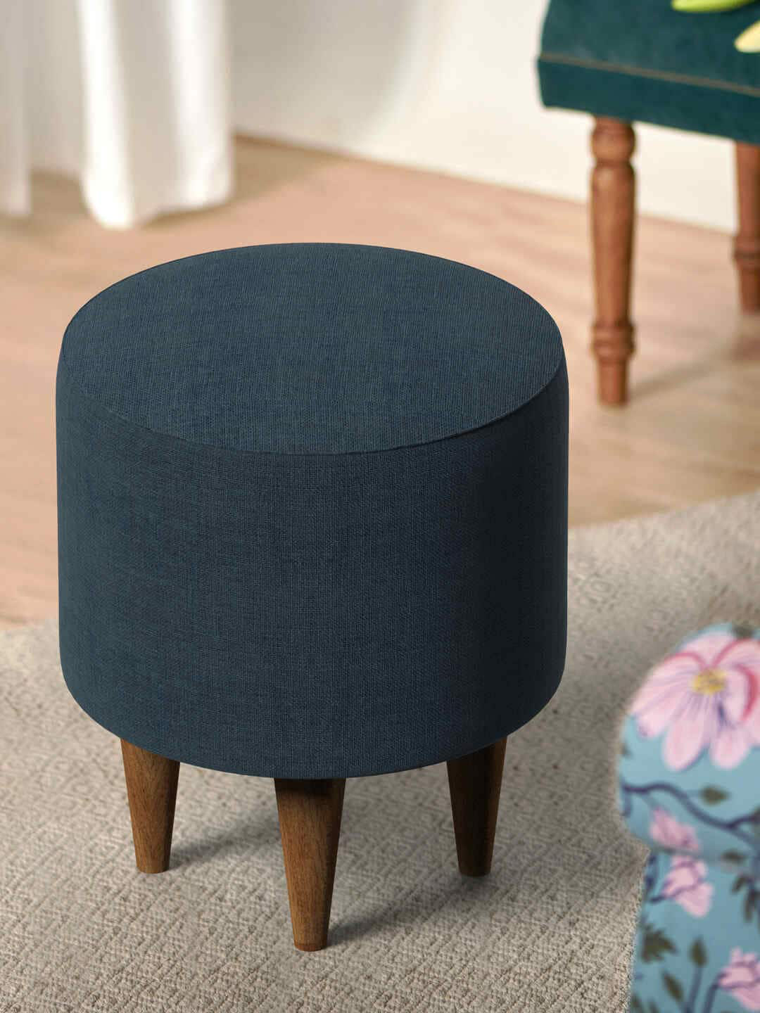 Chumbak French Pouffe Blue Solid Round Ottoman