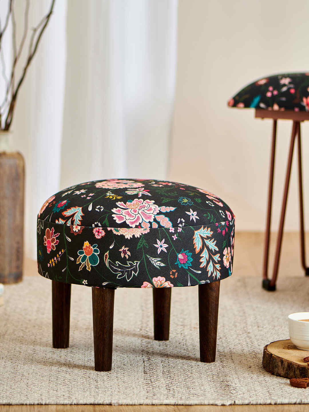 Chumbak Bohemian Palampore Black & Pink Printed Round Ottoman