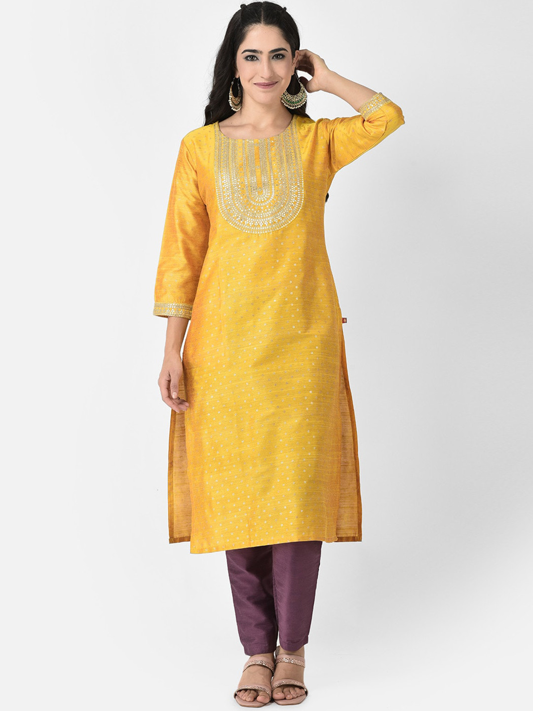 Span Round Neck Woven Design Sequinned yoke Design Silk Kurta