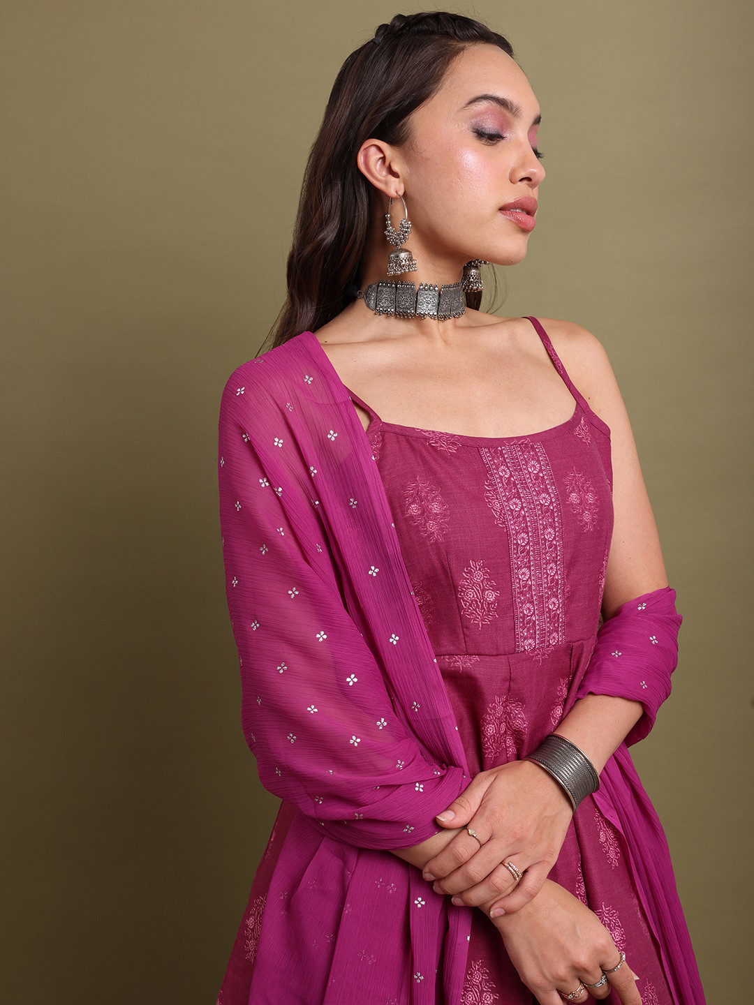 Vishudh Purple Ethnic Motifs Printed Kurta With Dhoti Pants & Dupatta