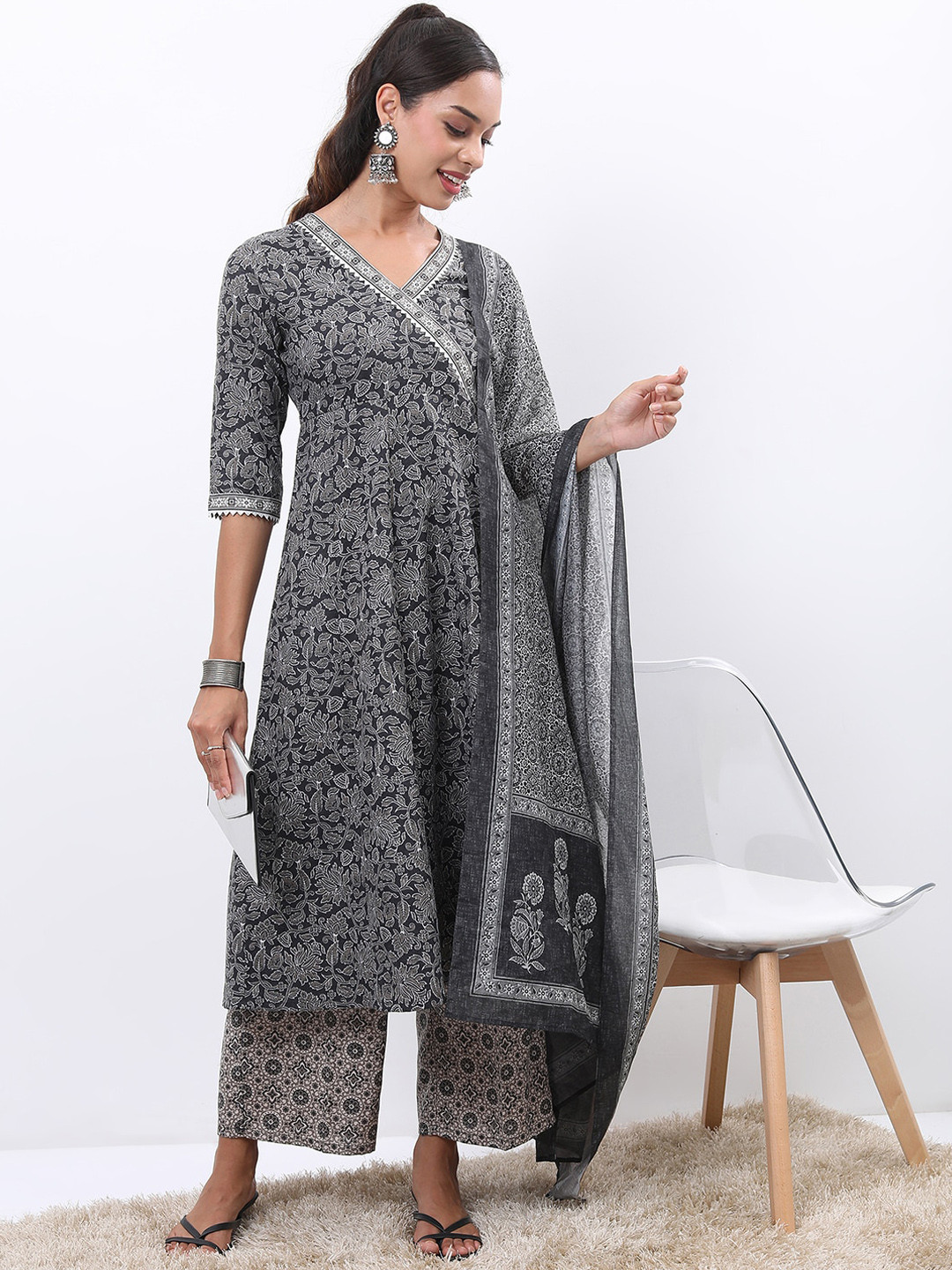 Vishudh Black Floral Printed Angrakha A-Line Kurta with Palazzos & Dupatta