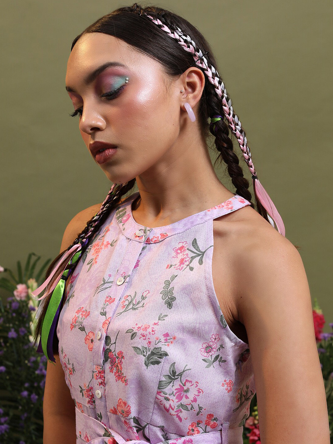 Vishudh Lavender Floral Printed Halter Neck Tie Ups Detail A-Line Midi Dress