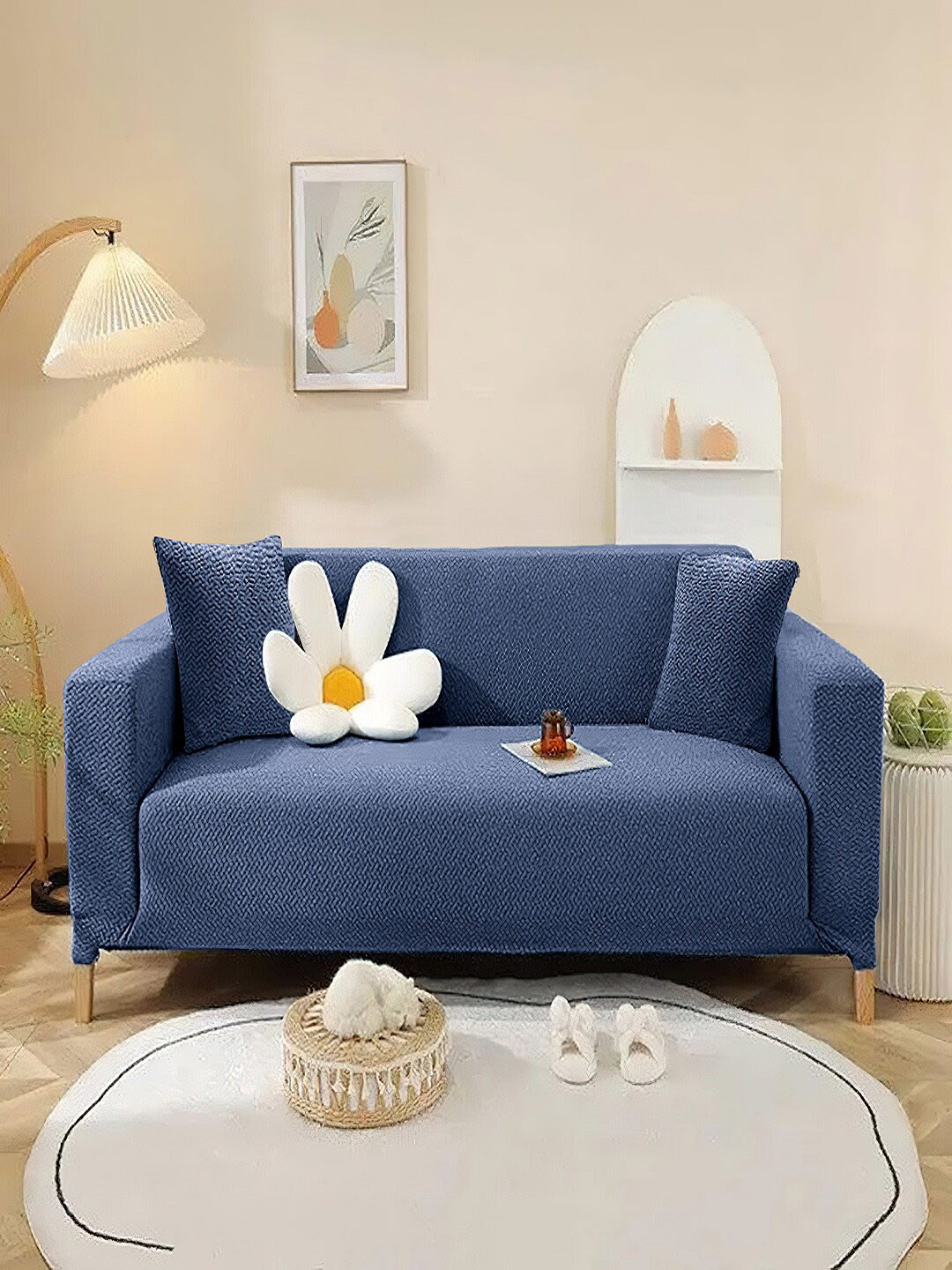 Cortina Blue Self-Design 2-Seater Sofa Cover With Arms