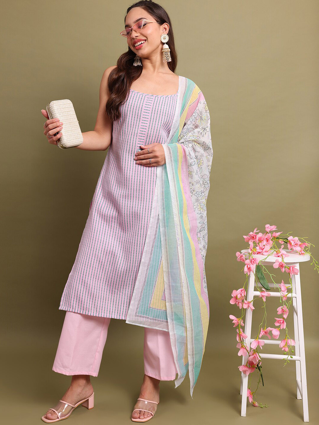 Vishudh Pink Striped Printed Straight Kurta with Palazzos & Dupatta