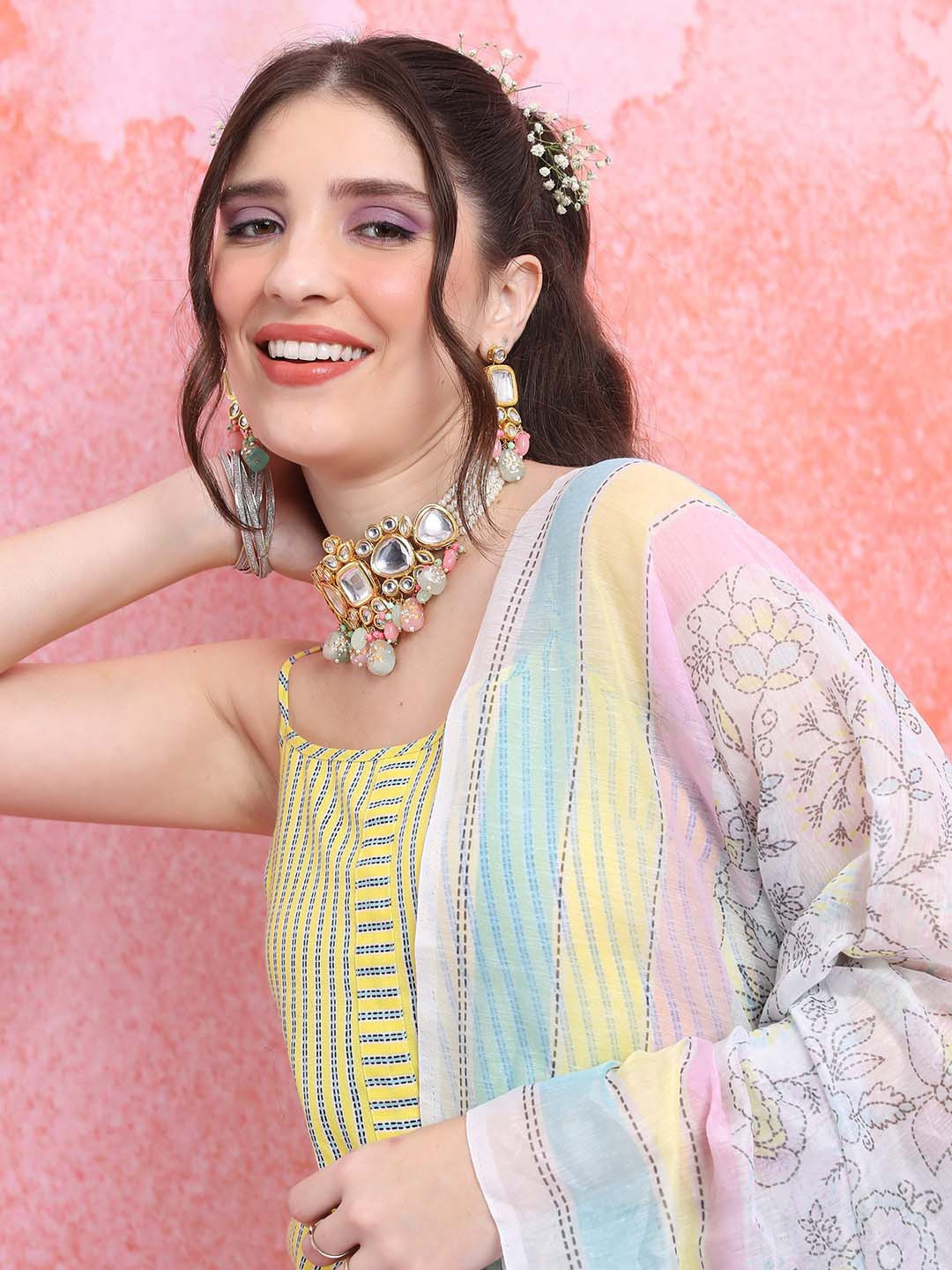 Vishudh Yellow Striped Printed Straight Kurta with Palazzos & Dupatta