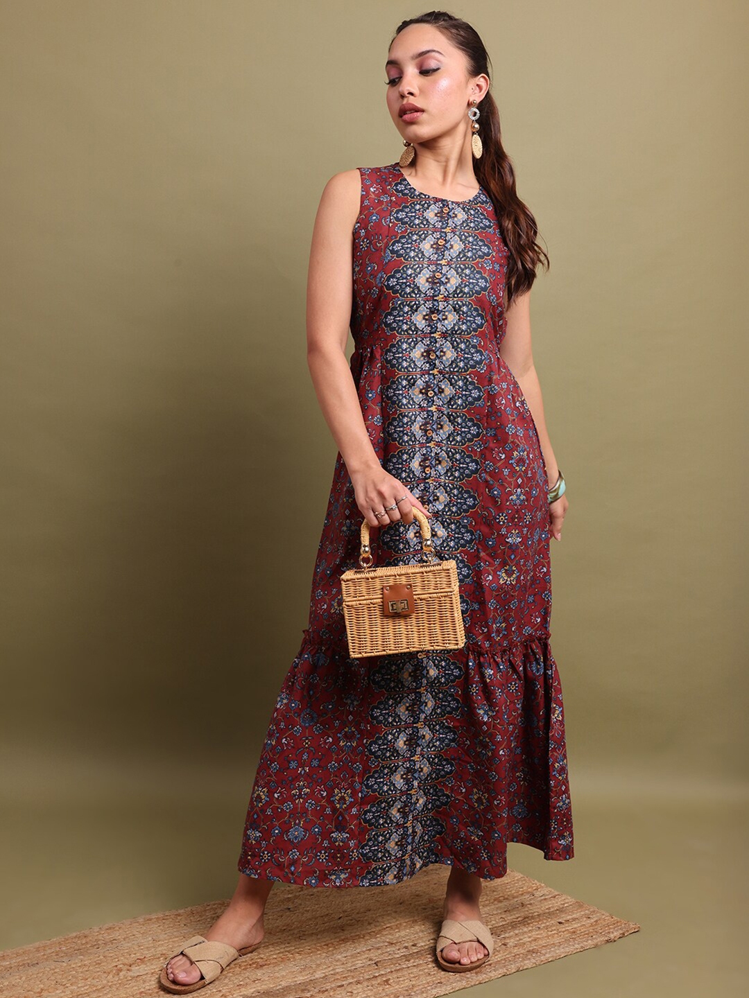 Vishudh Red Floral Printed Gathered Tiered Maxi Dress