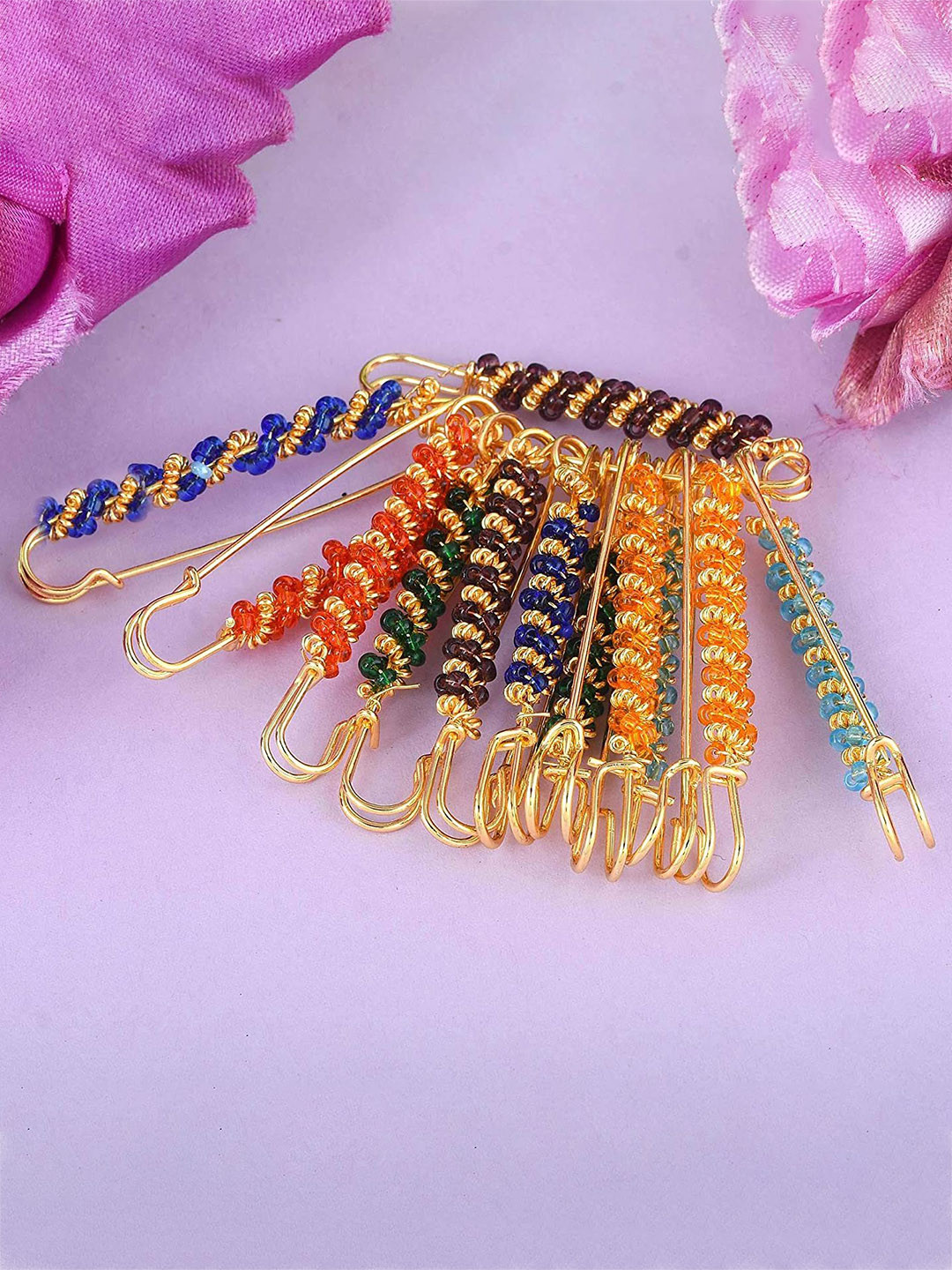VAMA 12 Pcs Gold Plated Multicolor Beads Safety Saree Pleats Pin Brooch