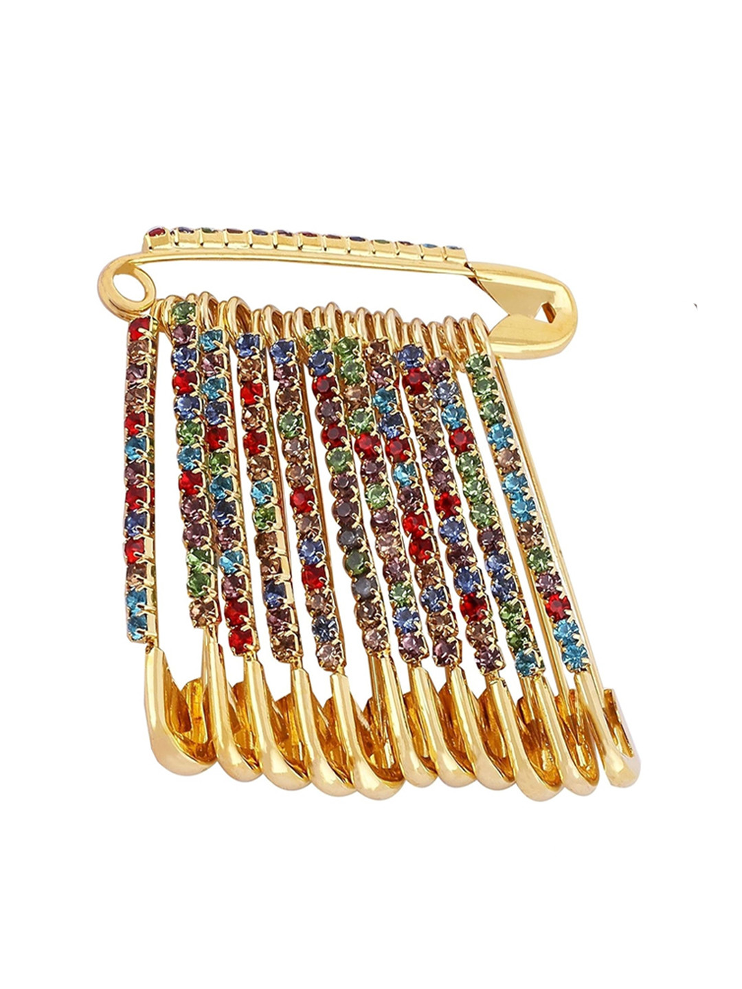 VAMA 12 Pcs Gold Plated Multicolor Stones Safety Saree Pleats Pin Brooch