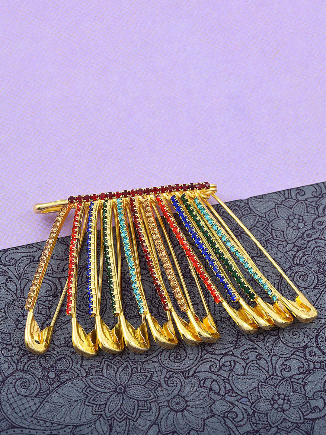 VAMA Women 12 Pcs Gold Plated Multicolor Stones Saree Coats & Dress Pin Brooch