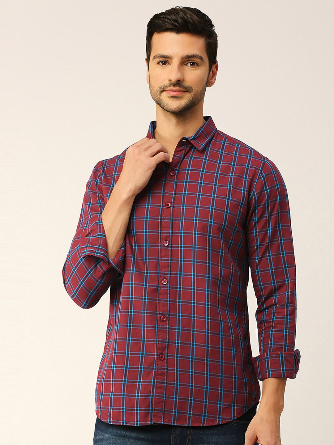 Harvard Maroon & Blue Classic Slim Fit Checked Pure Cotton Casual Shirt