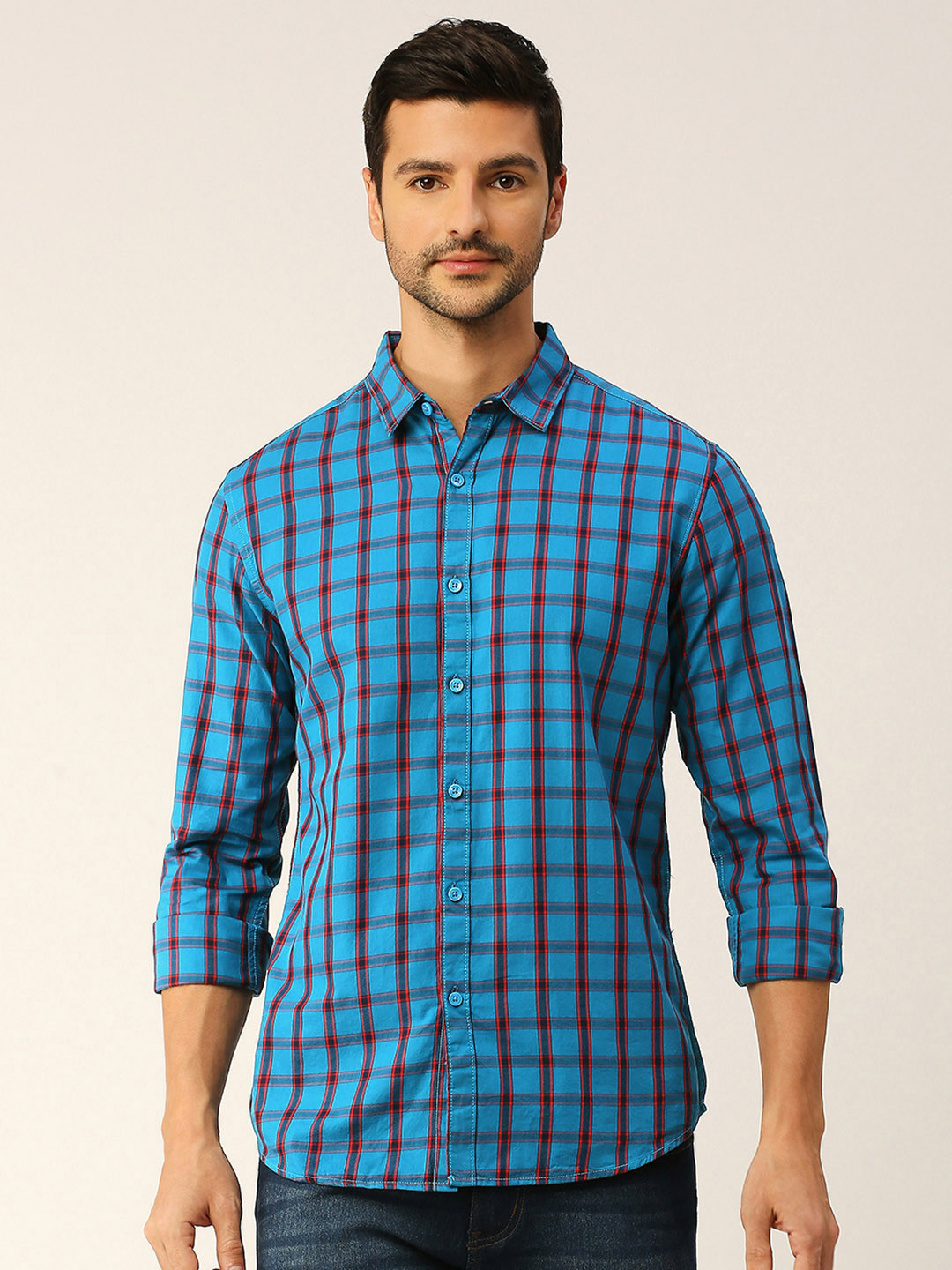 Harvard Teal Blue & Red Classic Slim Fit Checked Pure Cotton Casual Shirt