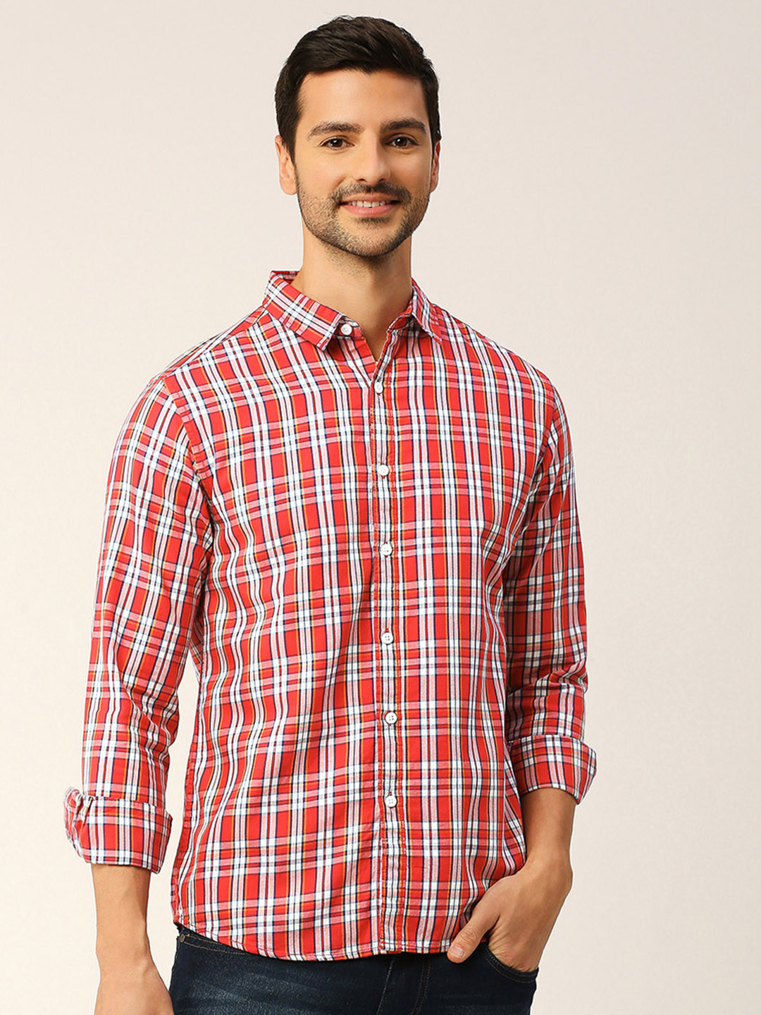 Harvard Red & White Classic Slim Fit Tartan Checked Pure Cotton Casual Shirt