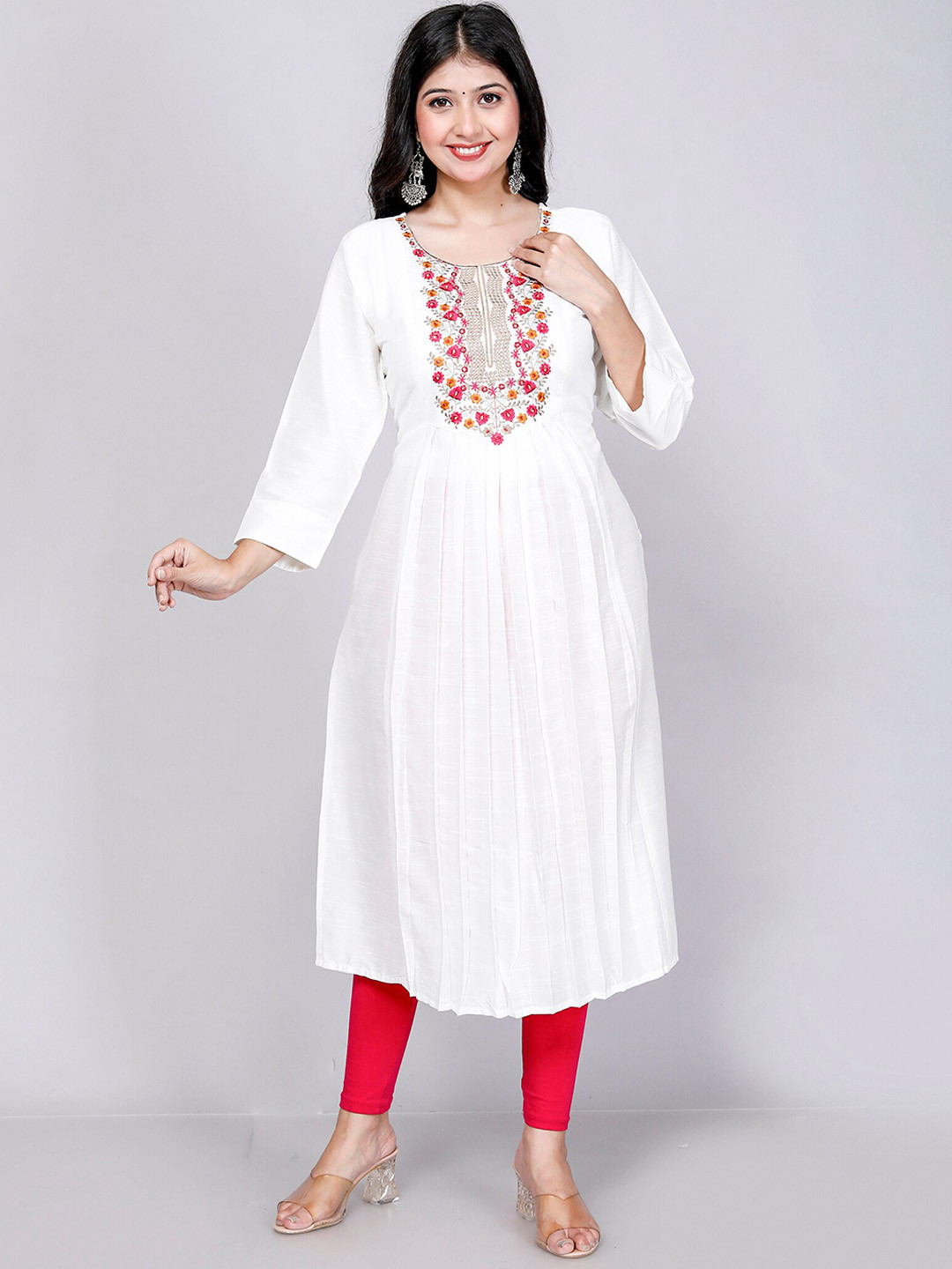 Jevi Prints Floral Yoke Design Raw Silk Thread Work A-Line Kurta