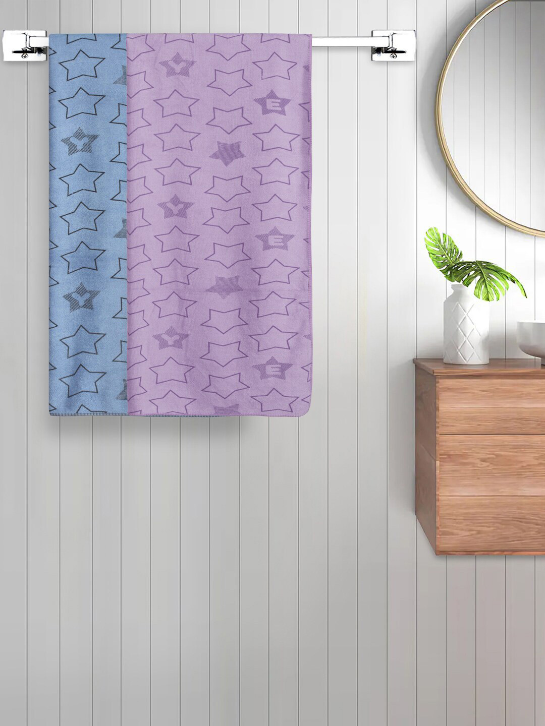 FABINALIV Set of 2 Blue & Purple Geometric Printed 350 GSM Cotton Kids Bath Towels