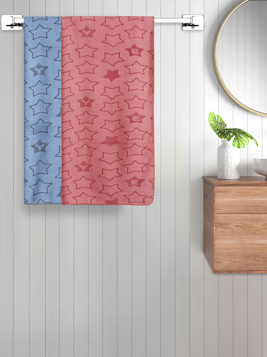 FABINALIV Set of 2 Peach & Blue Geometric Printed 350 GSM Cotton Kids Bath Towels