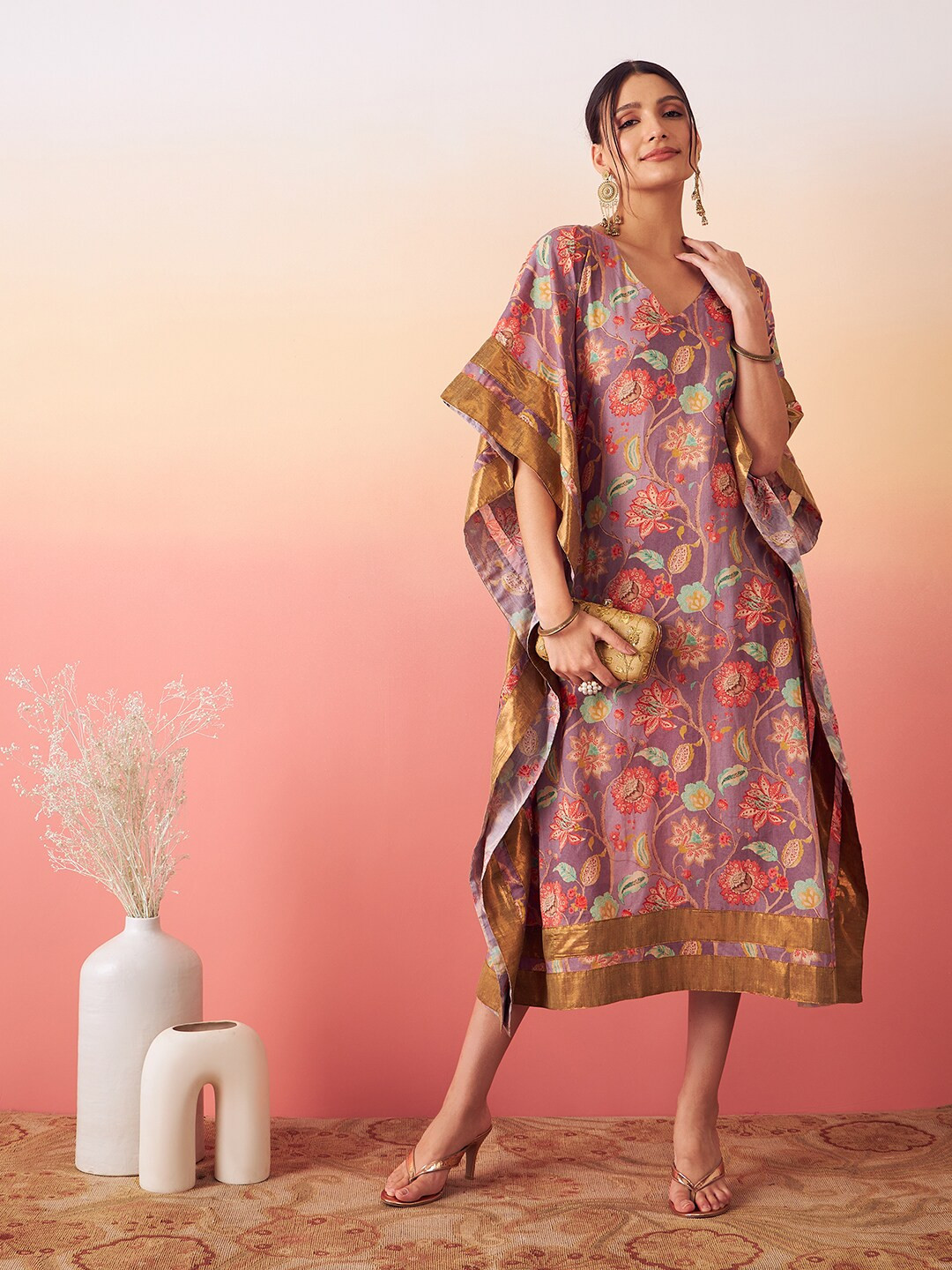 stories of dori Floral Printed V-neck Kaftan Midi Cotton Dress