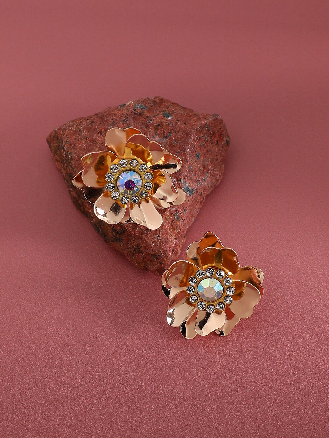 SOHI Gold-Plated Crystal-Studded Flower Stud Earrings