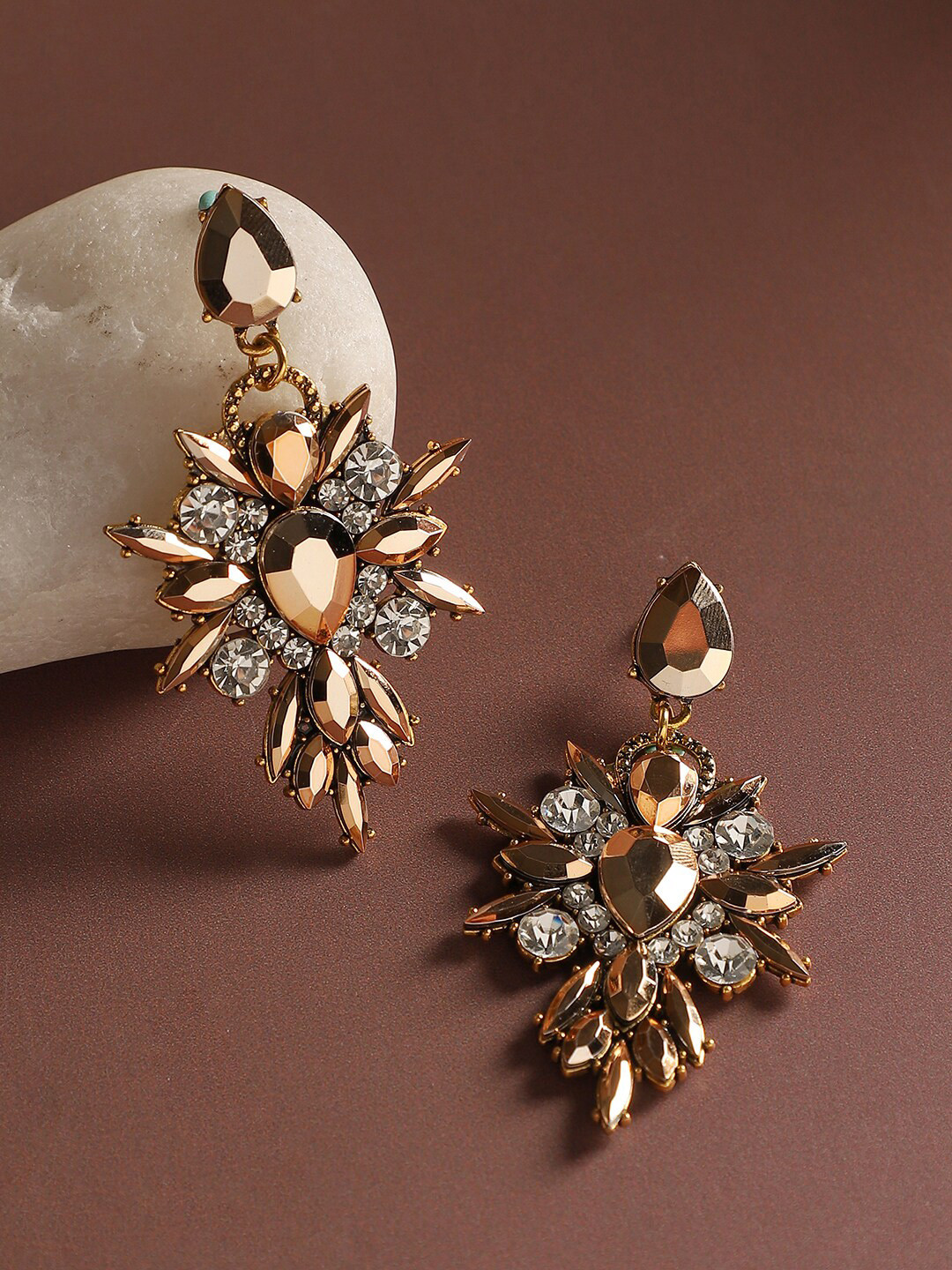 SOHI Gold-Plated Crystal Stone Studded Drop Earrings